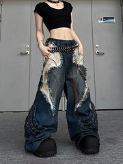 Vintage Patchwork Distressed Jeans Hip Hop Loose Wide Leg Cargo Pants Washed Distressed Denim Trousers