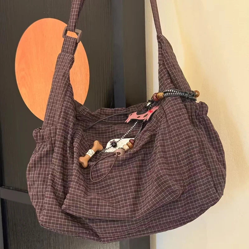 Korean Nylon Shoulder Bag Simple Plaid Zipper Tote Bag Drawstring Pleated Cloud Bag Commuter Crossbody Shoulder Bag