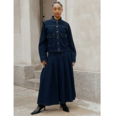 plus Size Pleated High Waist Denim Skirt Elegant Washed Denim Zipper Closure Skirt