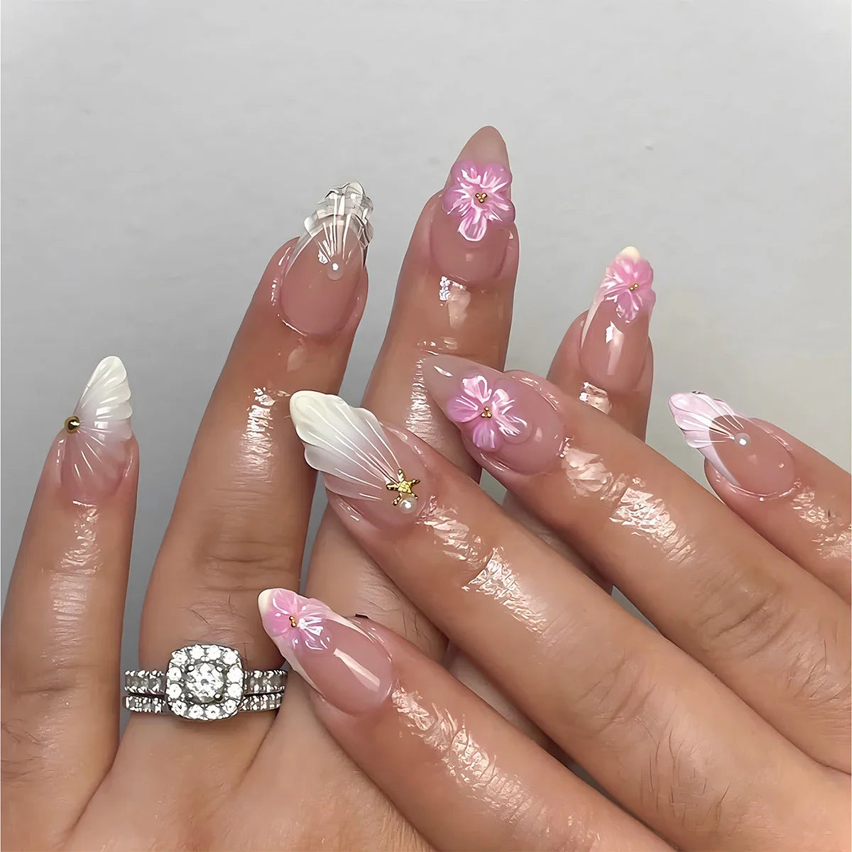 24Pcs Pink Almond False Nails Butterfly Ballet with French Design Wearable Fake Nails Simple Artificial Press on Nails Tips Art