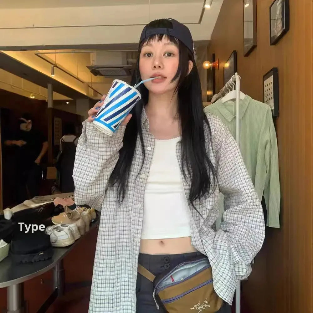 Plaid Sun Protection Shirt Loose-Fit Style Blouse Cotton Fabric HongKong Mainland Origin
