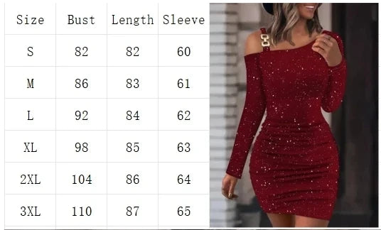 Party Shiny Slim Dress Long Sleeved Diagonal Collar Mini Dresses Elegant Dresses