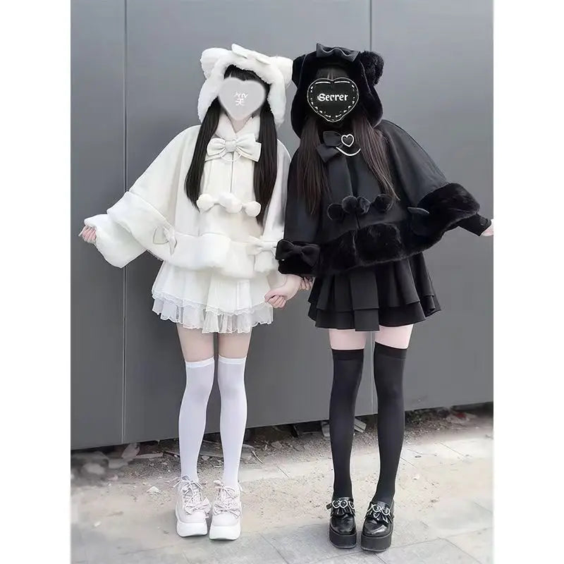 Lolita Shawl Overcoat Design Bow Hooded Patchwork Kawaii Cope Coat Warm Chic Sweet Christmas Coat