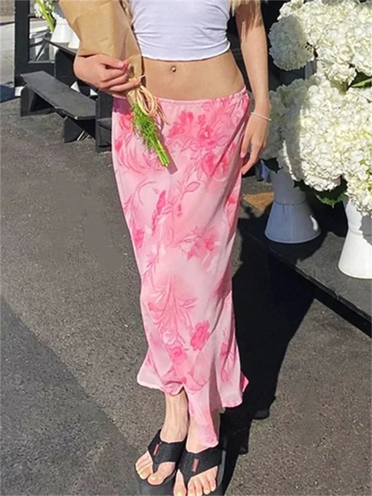 Floral Long Skirts Low Waist Chiffon Flowy Straight Skirt Fall Bohemian Casual Retro Skirts