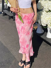 Floral Long Skirts Low Waist Chiffon Flowy Straight Skirt Fall Bohemian Casual Retro Skirts