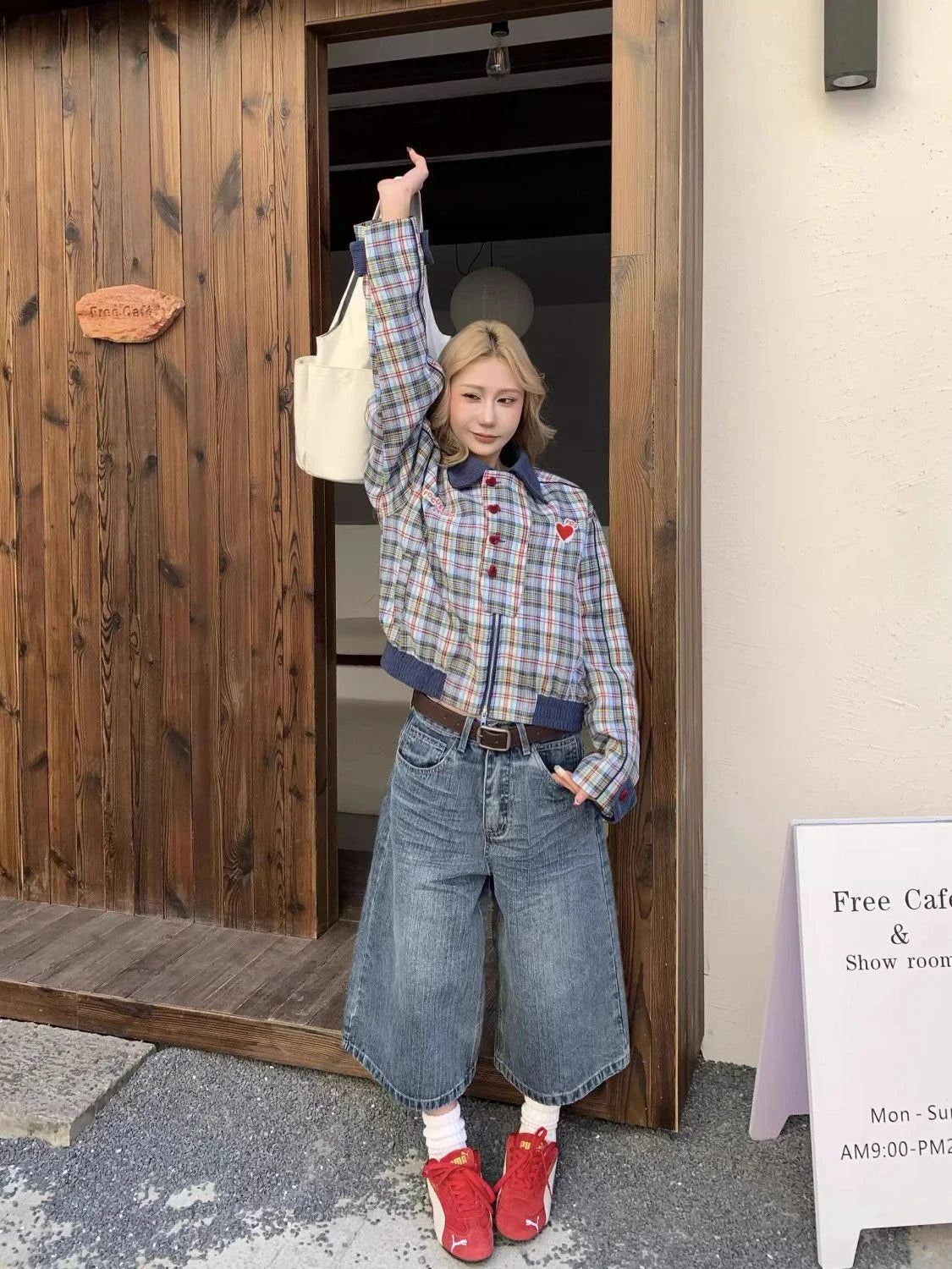American retro plaid pocket wide-leg short jeans