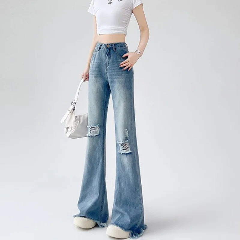 Ladies Jeans Flare High Waist Denim Trouser Leisure Slimming Vintage pants Y2k Flared Straight Leg Jeans On The Ground