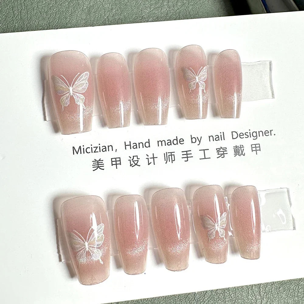 10Pcs Wearable Cat Eyes Series Short Square Press On Nails Kawaii Cartoon Cat Rabbit Rhinestone Gradients Full Cover False Nails