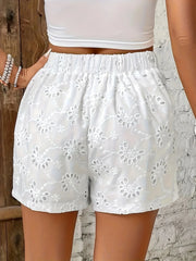 Plus size ladies elegant white shorts flared hem non-elastic culottes hand washable casual wear lace texture