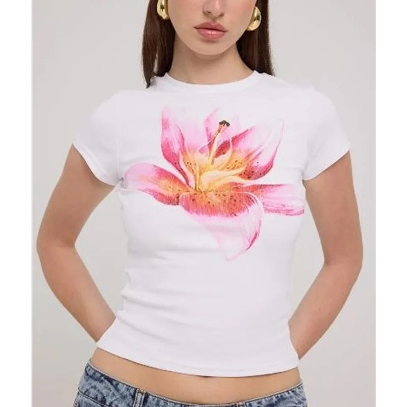 Xingqing y2k Crop Top 2000s Baby Tee Floral Print Round Neck Short Sleeve T Shirt Fairycore Clothes Streetwear