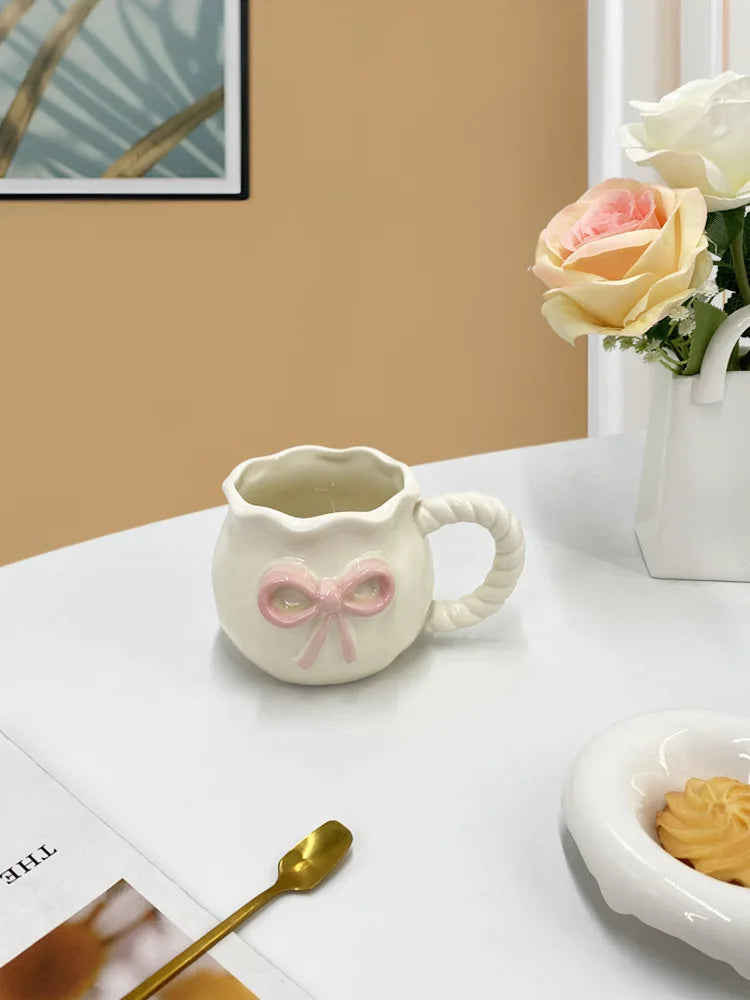 Ins style girl's heart-shaped butterfly knot coffee cup afternoon tea ceramic cup cute mug