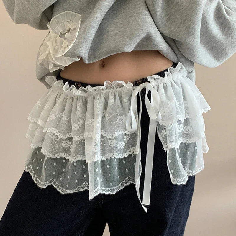 Korean Lace Irregular Skirt Curtain White Flowers Lace Mesh Halfbody Skirt Bottoms Jeans Decorative Hemline