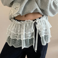Korean Lace Irregular Skirt Curtain White Flowers Lace Mesh Halfbody Skirt Bottoms Jeans Decorative Hemline