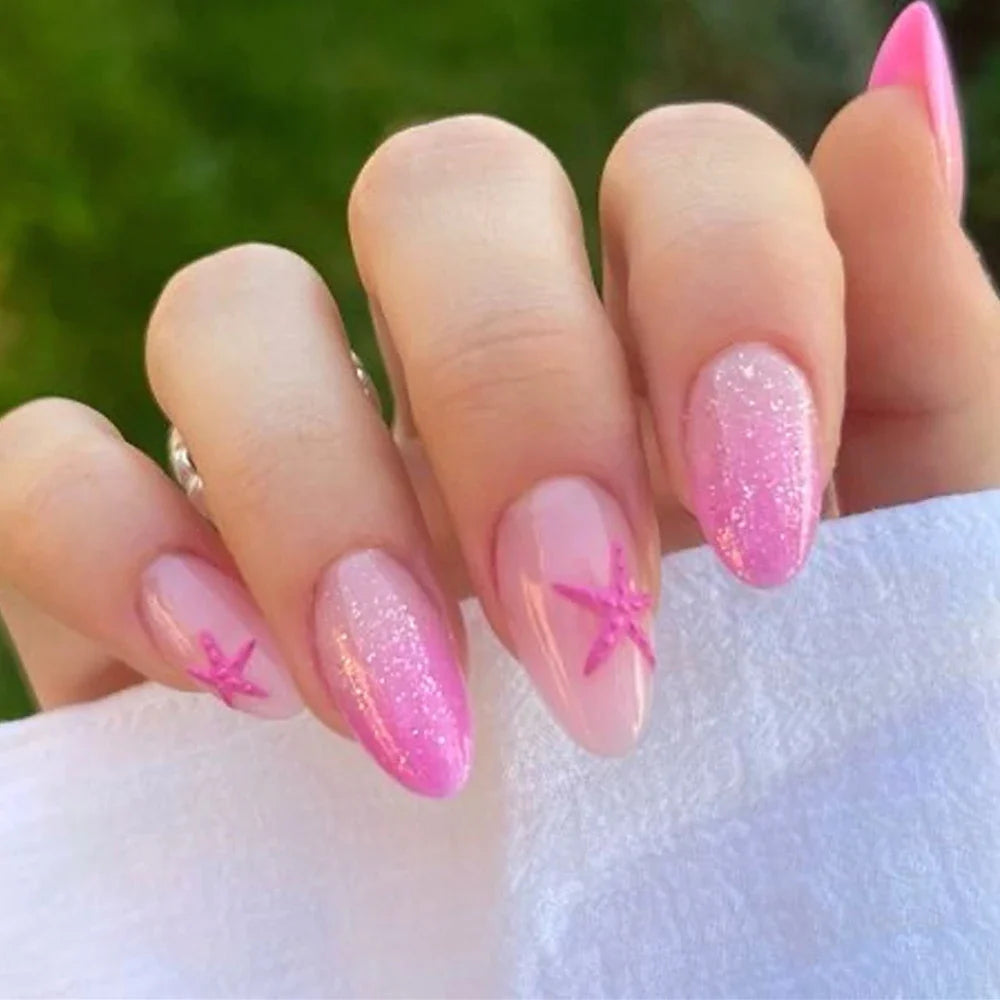 Blue White French 3D Flower Shell Nail Art Beach Almond False Nails Detachable Finished Fake Nails Press on Nails