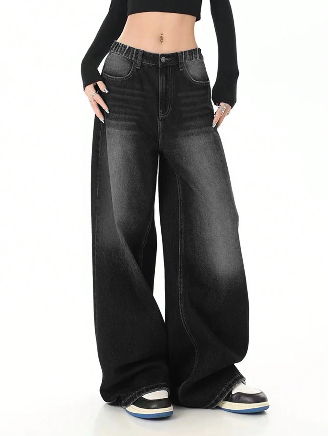Vintage black washed loose straight-leg jeans