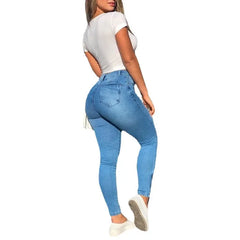 Slim Fit Workwear Pants Jeans Capri Trendy Style High Waist Straight Leg Blue Denim Trousers