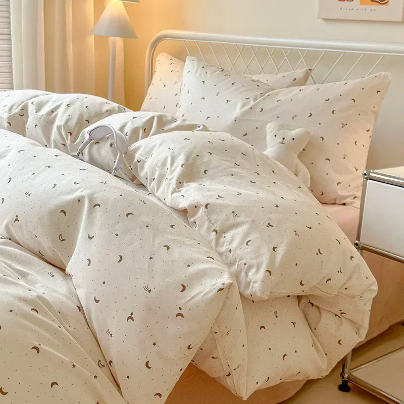 Queen Bedding Set Reactive Printed Bed Sheet Sets Washed Polyester Soft Duvet Cover Bed Sheet Pillowcase Cartoon Bedding Bed Set