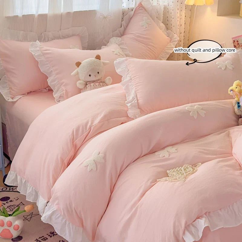 3 Piece Sheet Set pink bowknot embroidery Quilt Set