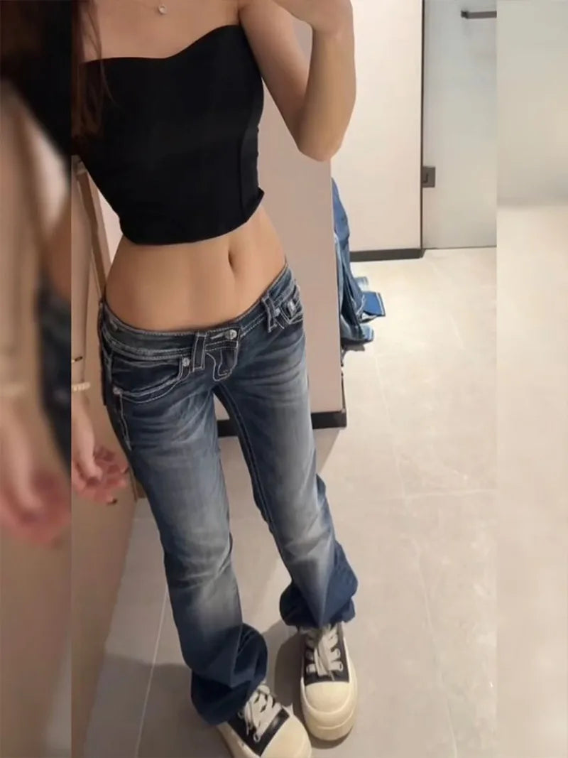 Y2K Gothic Embroidery Diamonds Denim Pants Harajuku Retro Hip Hop Low Waist Jeans Girl Casual Straight Jeans
