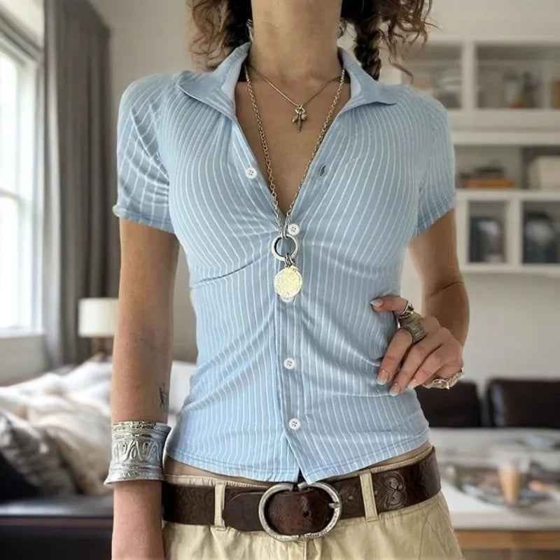 Xingqing Shirt y2k Fairycore Clothes Striped Lapel Collar Single Breasted Short Sleeve Blouse Top 2000s Club Streetwear