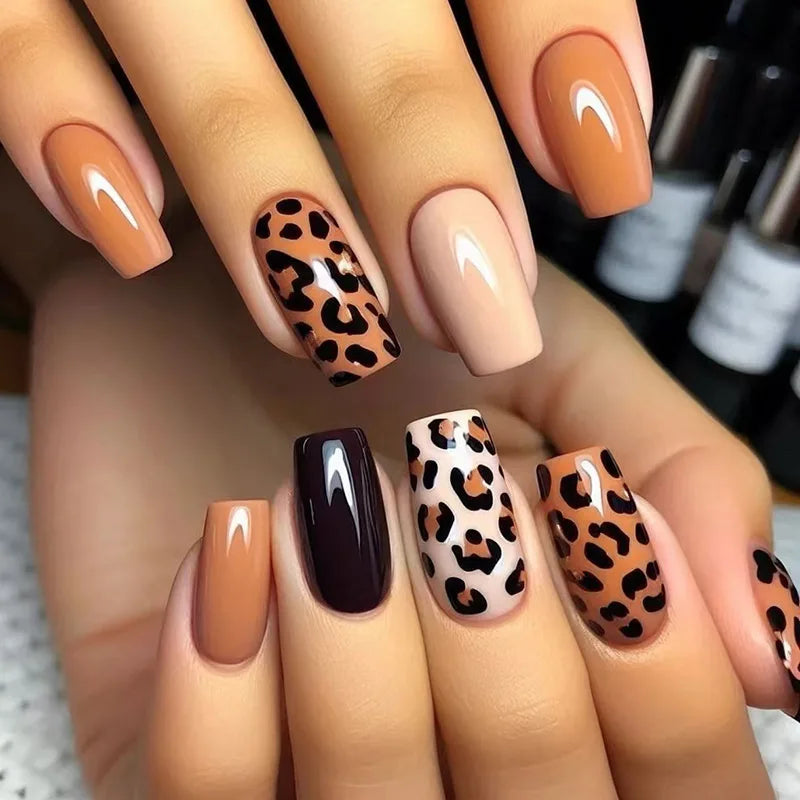 24Pcs Long Coffin Leopard Print False Nails with Glue Sweet Cool Diamond Fake Nail Set Floral French Press on Wearable Nail Tips