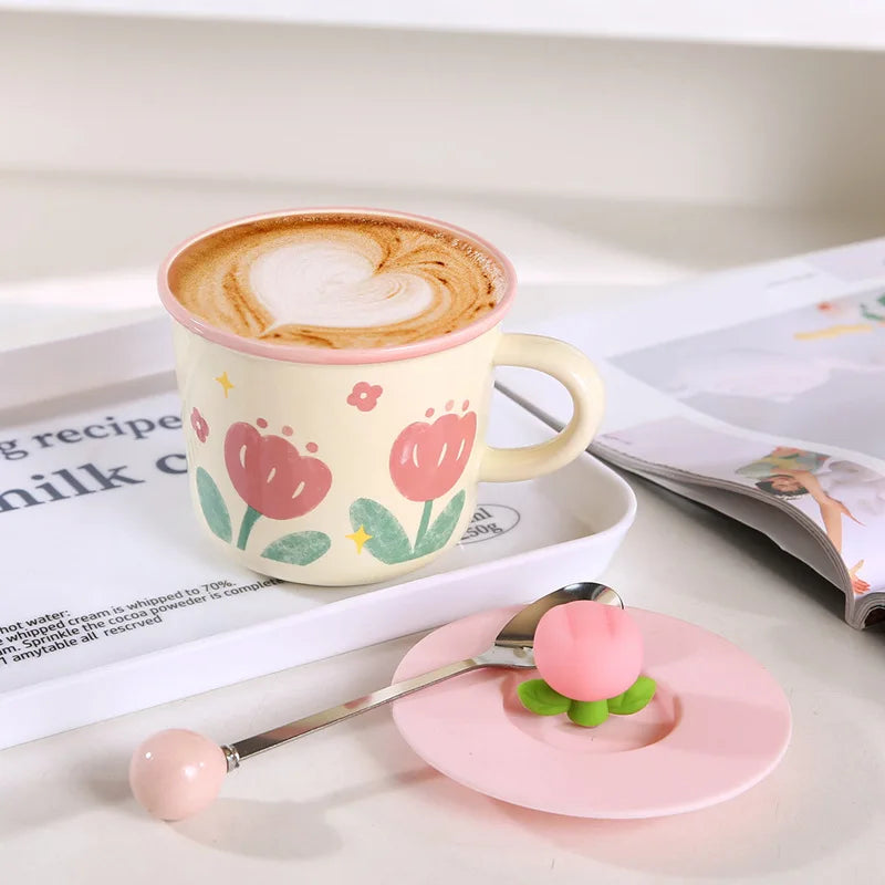 Creative Coffee Mug with Tulip Flower Design Ceramic Cup
