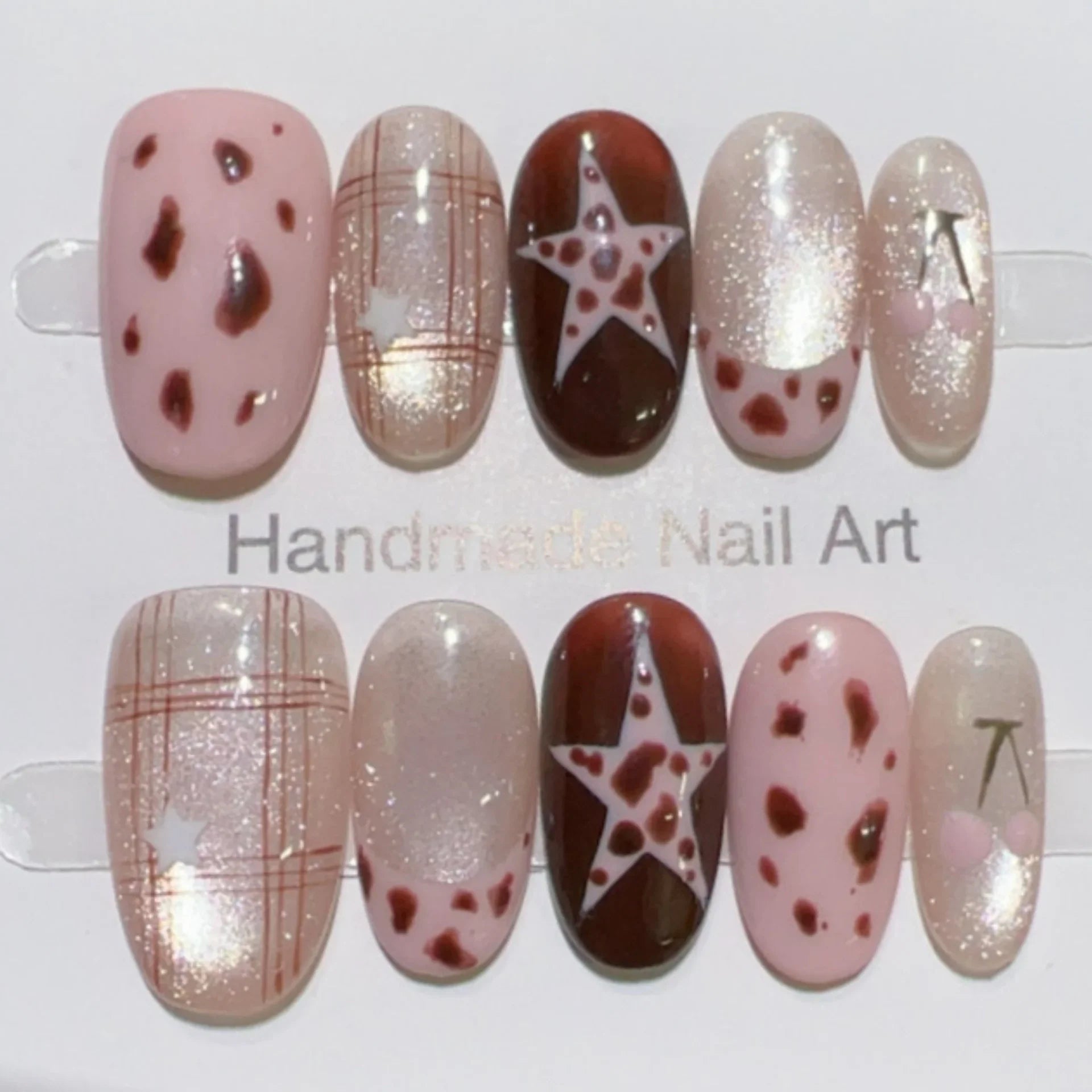 10pcs Purple Cat's Eye Handmade Fake Nails Tips Glitter Mid-length Oval Press on Nails Art Bow Rhinestone Design False Nail Sets