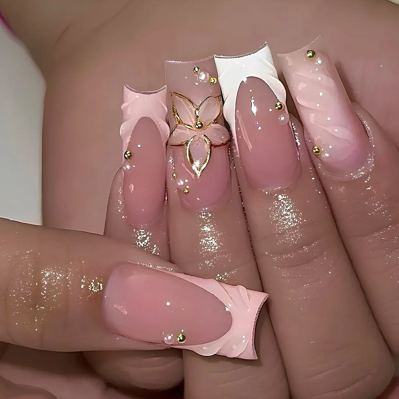 24pcs Fresh Long Coffin Fake Nails Yellow French Style Flower Printed Metal Butterfly Designs Press On Nails False Nail
