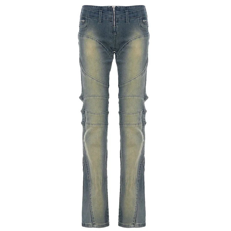Y2K Vintage Pants American Retro Split Jeans Swing Festive Style Splicing High Street Slim Fit Straight Leg Low Waist