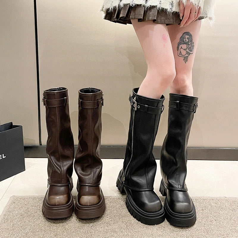 Biker Boots Belt Buckle Ladies Elegant Platform Long Pipe Booties Casual Knee High Booties2025