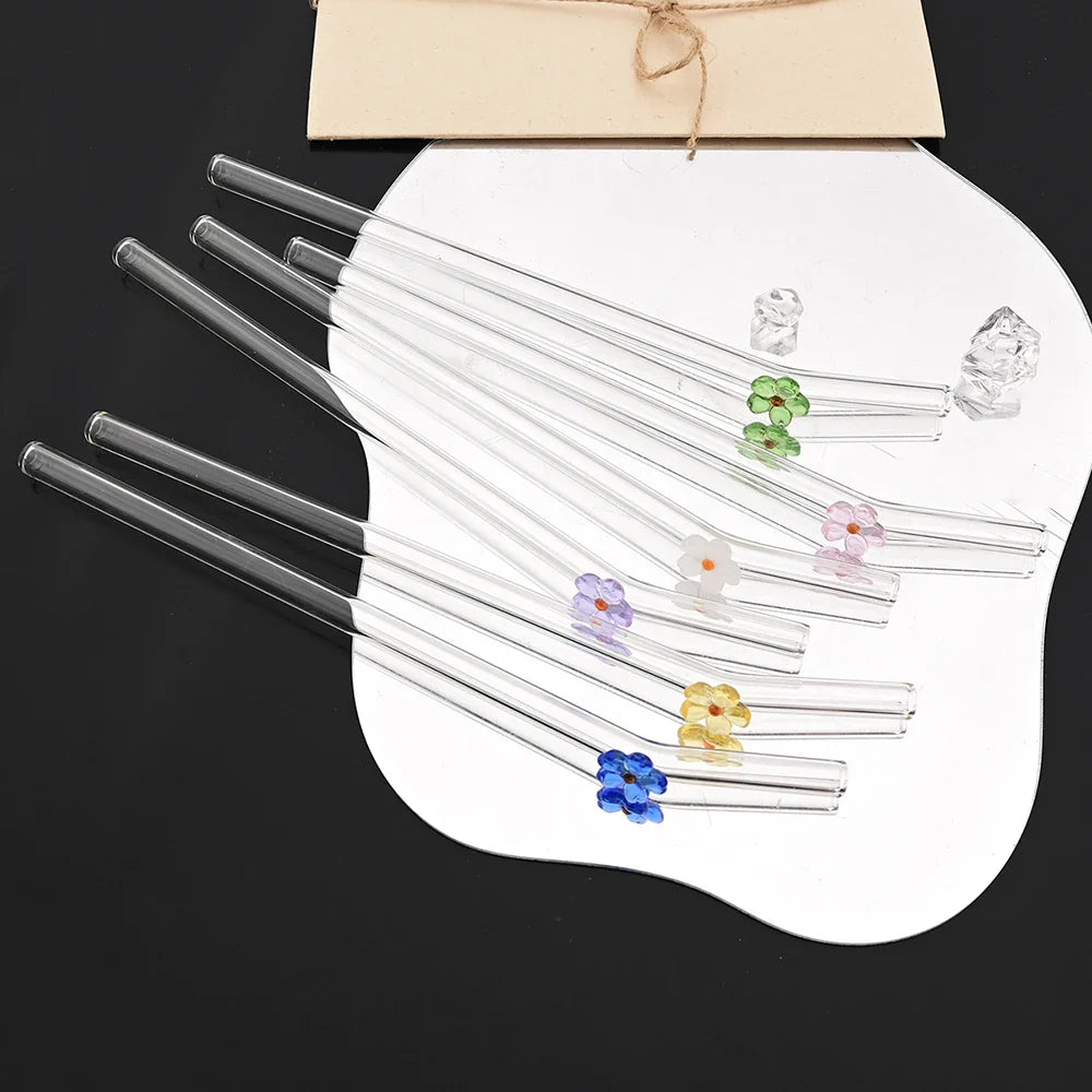 5Pcs 8mm Glass Straw Reusable Drinking Straws Cute Flower Heat-Resistant Straw