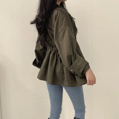 Retro Korean Chic Utility Jacket Waist Cinching Drawstring Slimming Coat Fake Pocket Design Elegant Style