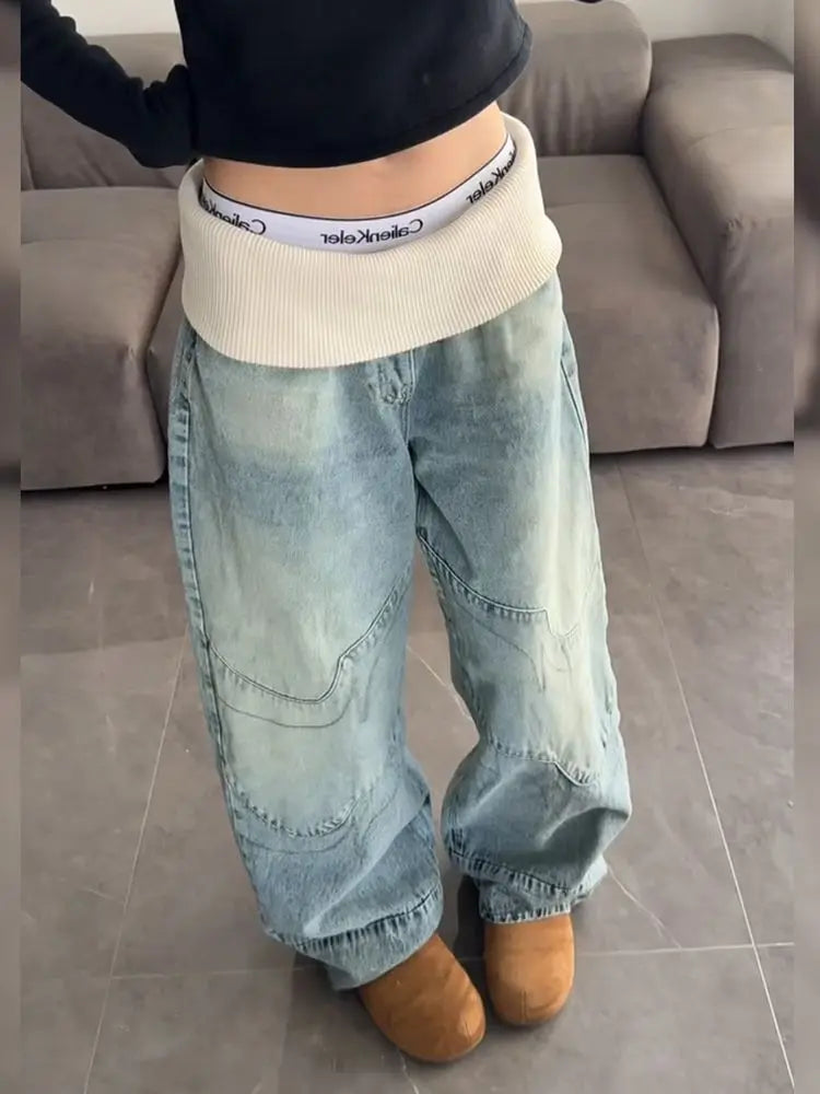 American Retro Ribbed Waistband Loose Wide Leg Jeans Distressed Washed Straight-leg Jeans Harajuku Style Girl Y2k Trousers
