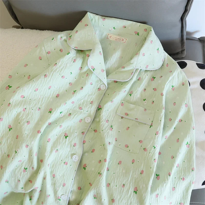 2 PCS Pajama Sleepwear Pajama Set Long Sleeved Pants Suit Peach Print Ventilate Soft Comfortable Home Leisure Home Clothes