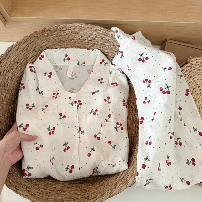 Sweet Cute Goose Print Korean Pajamas Nightwear Kawaii Casual Lapel Neck Y2K Pajamas Set Loungewear