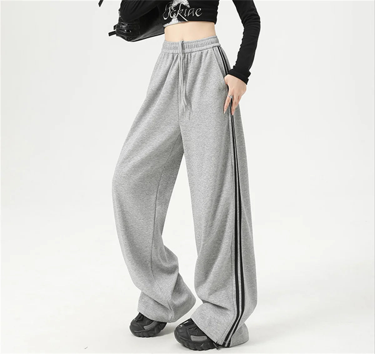 Stripe Chic Straight Pant Retro Sports Sweatpants High Waist Color Blocked Trouseres Lady Casual Streetwear