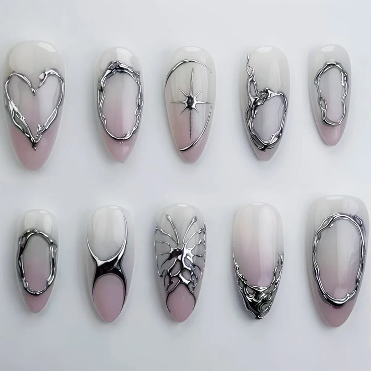 24Pcs Blue Almond Press on Nails with 3D Pearl Design Mid-length Oval False Nails Tips Bow Pattern Wearable Fake Nail