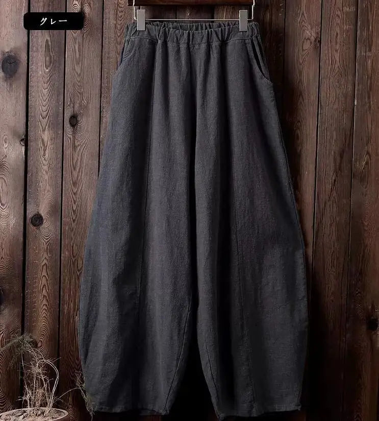 Cotton Linen Bloomers Wide Leg Pants Vintage Full Length Elegent Pants Solid Elasitic Waist 5XL