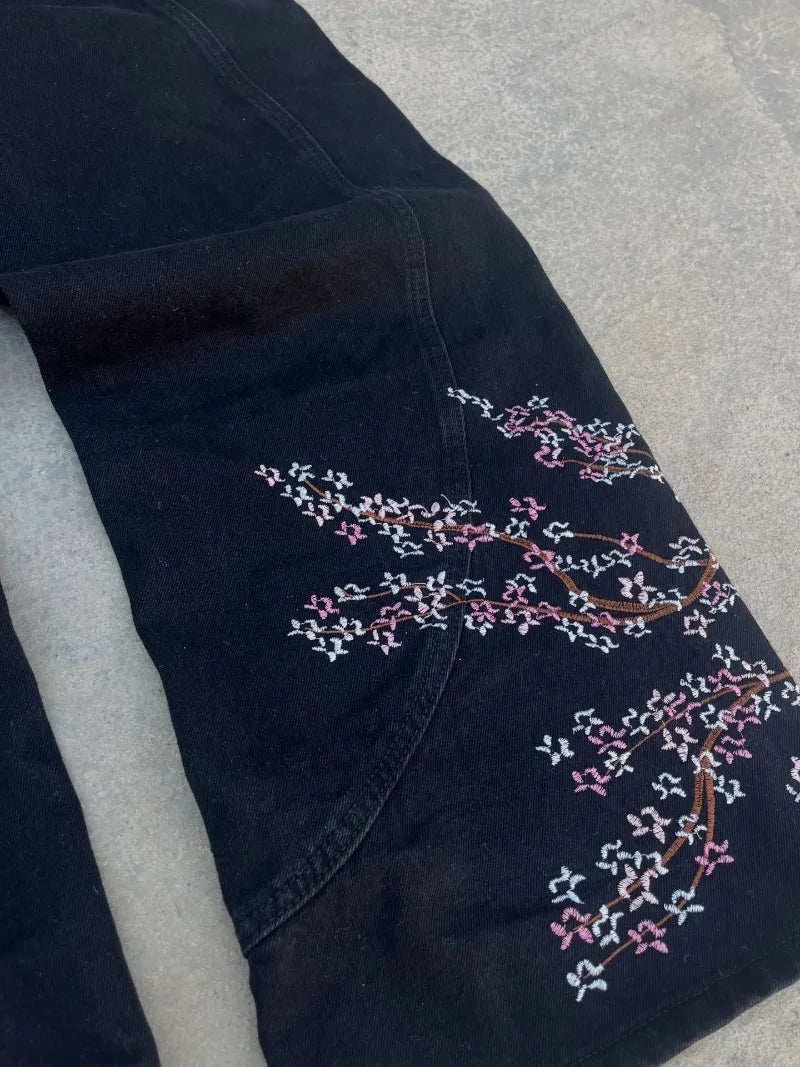 American Vintage Cherry Blossom Pattern Embroidered Blue Jeans Y2K Street Wild Straight Wide-leg Trousers
