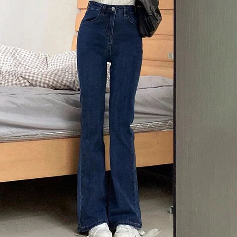 Korean Flare Jeans Girls High Waist Elastic Boot Cut Pants Lady Vintage Blue Black Gray Brown Denim Bell Bottom Trousers
