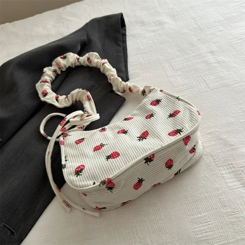 Small Underarm Bag Corduroy Handbag Cute Strawberry Print Little Tote Half Moon Design Eco Cloth Purse Mini Shoulder Bags