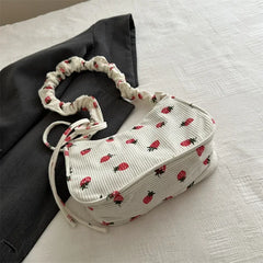 Small Underarm Bag Corduroy Handbag Cute Strawberry Print Little Tote Half Moon Design Eco Cloth Purse Mini Shoulder Bags