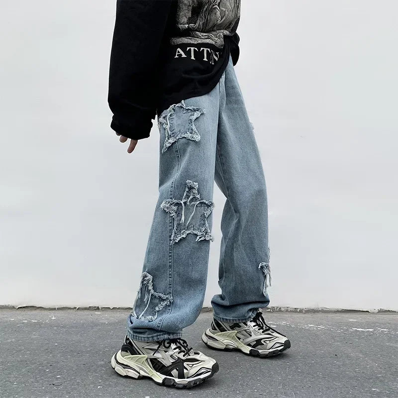 Stars Towel Embroidery Brown Jeans Y2K Clothes Straight Hip Hop Cotton Trousers Pantalon Homme