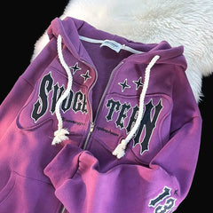 American Style Flocking Letter Embroidery Cardigan Hooded Sweater Plus Fleece Loose Trendy Couple Jacket