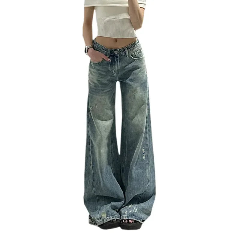 Plus Size Loose Straight Leg Jeans High Waist Wide Leg Long Trousers Bootcut Denim Pants Big Size Casual