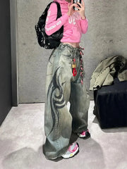 American Gothic Print Blue Wash Jeans Y2K Retro Hip Hop Loose Casual Street High Waist Straight Jeans