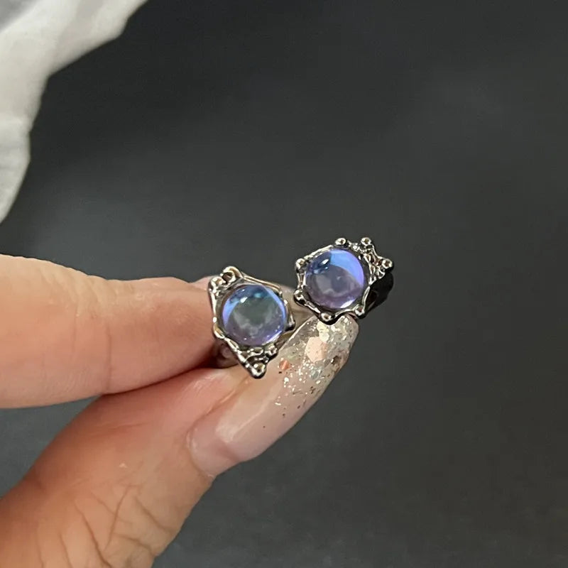 Y2K Crystal Rings Kpop Heart Adjustable Ring Irregular Geometry Punk Vintage Rings Set