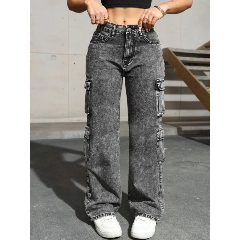 Jeans Y2k Jeans High Waist Stretch Cargo Pants Multiple Pockets Casual Trousers