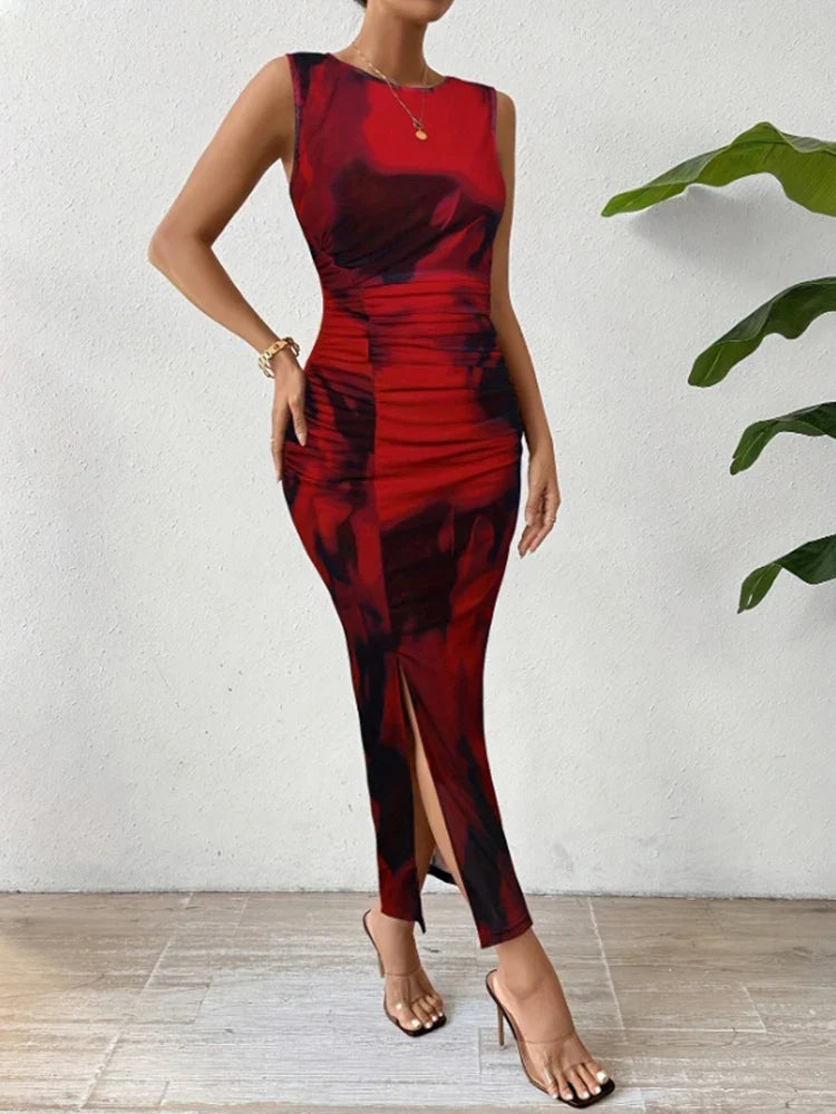 Slim Fit Dressable Printed Pattern High Elasticity Tight Fitting Sleeveless Evening Dress