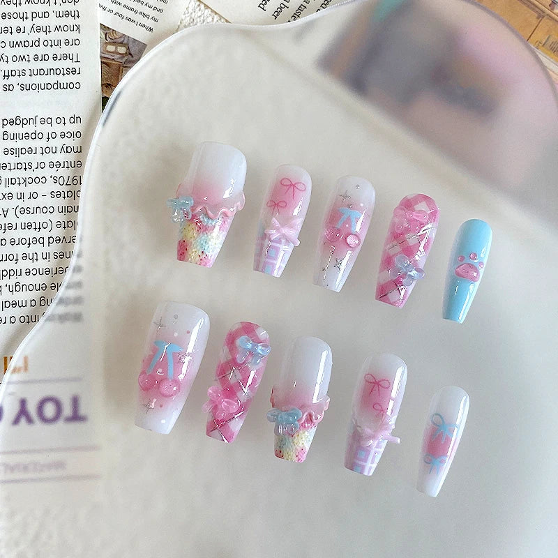 10pcs pure handmade coffin shaped nail art, beautiful fake nails, playful pink white blue nail art, suitable